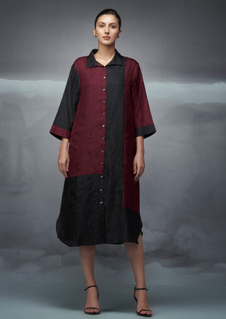 Black brown rothko crushed silk shirt dress