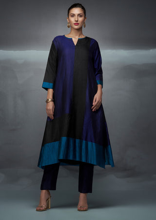 Black Blue Teal Rothko Silk Kurta Set by Nachiket Barve available on Indiaspopup