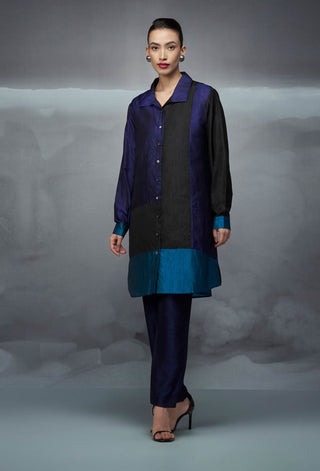 Black Blue Teal Crushed Silk Tunic And Pants by Nachiket Barve available on Indiaspopup