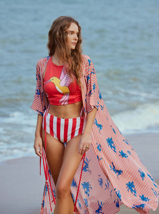 Hummingbird Bikini With Striped Floral Cape Set by Nautanky, available on Indiaspopup.com