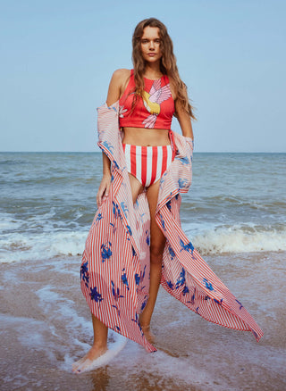 Hummingbird Bikini With Striped Floral Cape Set by Nautanky, available on Indiaspopup.com