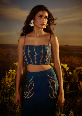 Blue Effortless Edge Bralette And Skirt by Nirmooha available on Indiaspopup