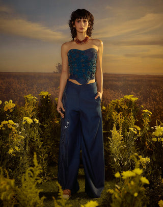 Blue floral embroidery corset and pants