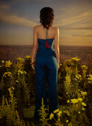 Blue Embroidered Yoke Jumpsuit by Nirmooha available on Indiaspopup