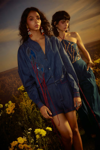 Blue embroidered shirt and shorts