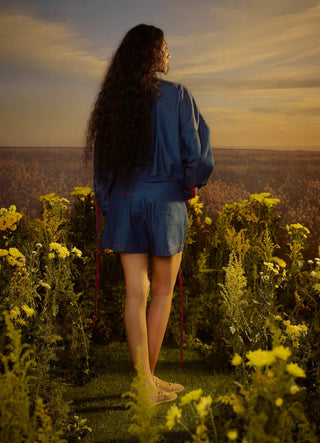 Blue embroidered shirt and shorts