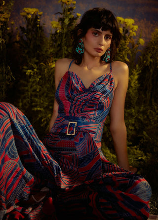 Multicolor Printed Horizon Midi Dress by Nirmooha available on Indiaspopup