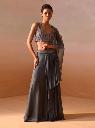 Grey Shimmer Draped Sari And Blouse by Nitika Gujral, available on Indiaspopup.com