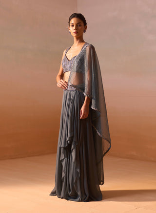 Grey Shimmer Draped Sari And Blouse by Nitika Gujral, available on Indiaspopup.com