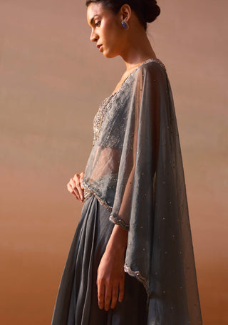 Grey Shimmer Draped Sari And Blouse by Nitika Gujral, available on Indiaspopup.com