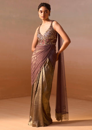 Chocolate brown draped sari and blouse