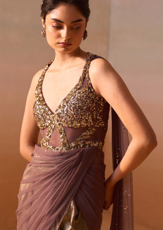 Chocolate brown draped sari and blouse