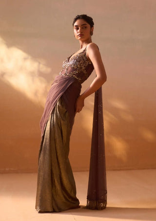 Chocolate brown draped sari and blouse