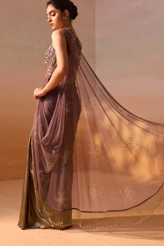 Chocolate Brown Draped Sari And Blouse by Nitika Gujral, available on Indiaspopup.com