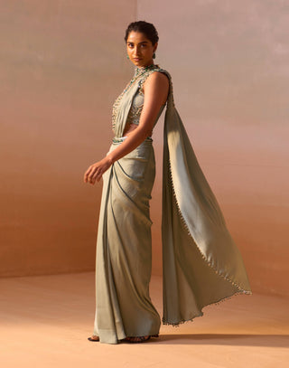 Pista Green Draped Sari And Blouse by Nitika Gujral, available on Indiaspopup.com