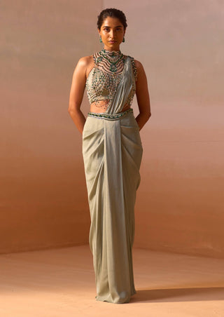 Pista Green Draped Sari And Blouse by Nitika Gujral, available on Indiaspopup.com