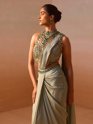 Pista Green Draped Sari And Blouse by Nitika Gujral, available on Indiaspopup.com