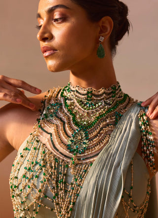 Pista Green Draped Sari And Blouse by Nitika Gujral, available on Indiaspopup.com