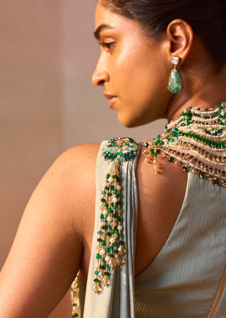 Pista Green Draped Sari And Blouse by Nitika Gujral, available on Indiaspopup.com