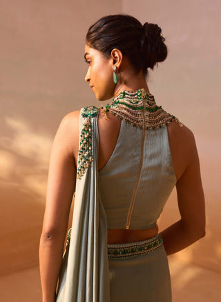 Pista Green Draped Sari And Blouse by Nitika Gujral, available on Indiaspopup.com