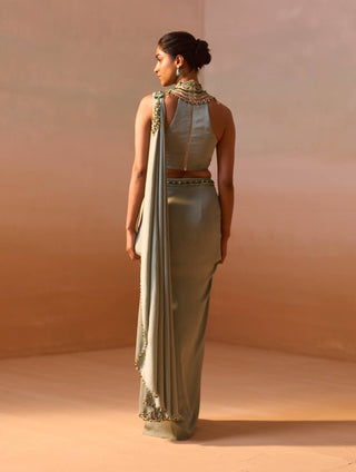 Pista Green Draped Sari And Blouse by Nitika Gujral, available on Indiaspopup.com