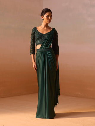 Bottle Green Draped Sari And Blouse by Nitika Gujral, available on Indiaspopup.com