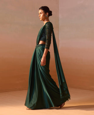 Bottle Green Draped Sari And Blouse by Nitika Gujral, available on Indiaspopup.com