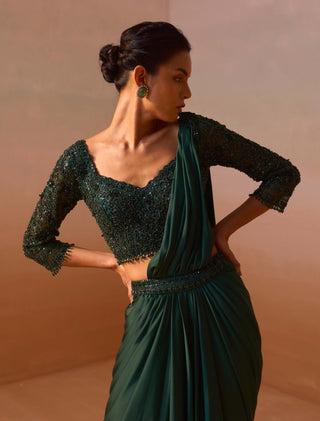 Bottle Green Draped Sari And Blouse by Nitika Gujral, available on Indiaspopup.com