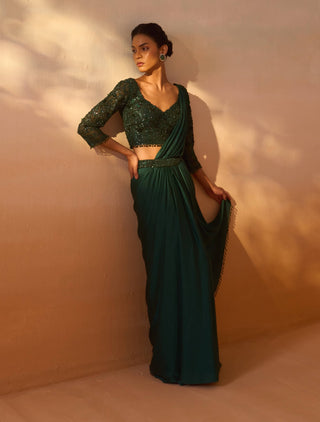 Bottle Green Draped Sari And Blouse by Nitika Gujral, available on Indiaspopup.com