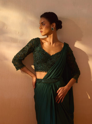 Bottle Green Draped Sari And Blouse by Nitika Gujral, available on Indiaspopup.com