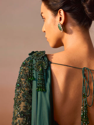 Bottle Green Draped Sari And Blouse by Nitika Gujral, available on Indiaspopup.com