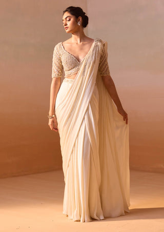 Ivory satin draped sari and blouse