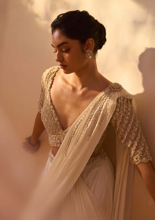 Ivory satin draped sari and blouse