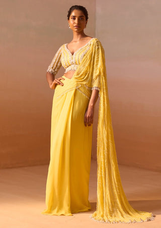 Yellow Georgette Sari And Blouse by Nitika Gujral, available on Indiaspopup.com