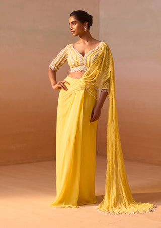 Yellow Georgette Sari And Blouse by Nitika Gujral, available on Indiaspopup.com