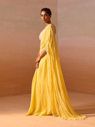 Yellow Georgette Sari And Blouse by Nitika Gujral, available on Indiaspopup.com