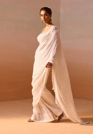 Off-White Embroidered Sari Set by Nitika Gujral, available on Indiaspopup.com