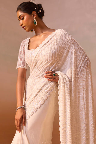 Off-White Embroidered Sari Set by Nitika Gujral, available on Indiaspopup.com