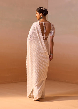 Off-White Embroidered Sari Set by Nitika Gujral, available on Indiaspopup.com