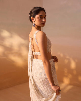 Ivory Georgette Heavy Sari Set by Nitika Gujral, available on Indiaspopup.com