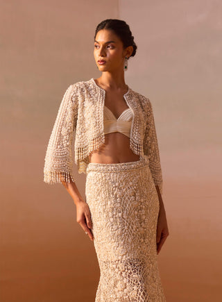 Ivory Trail Skirt And Jacket Set by Nitika Gujral, available on Indiaspopup.com