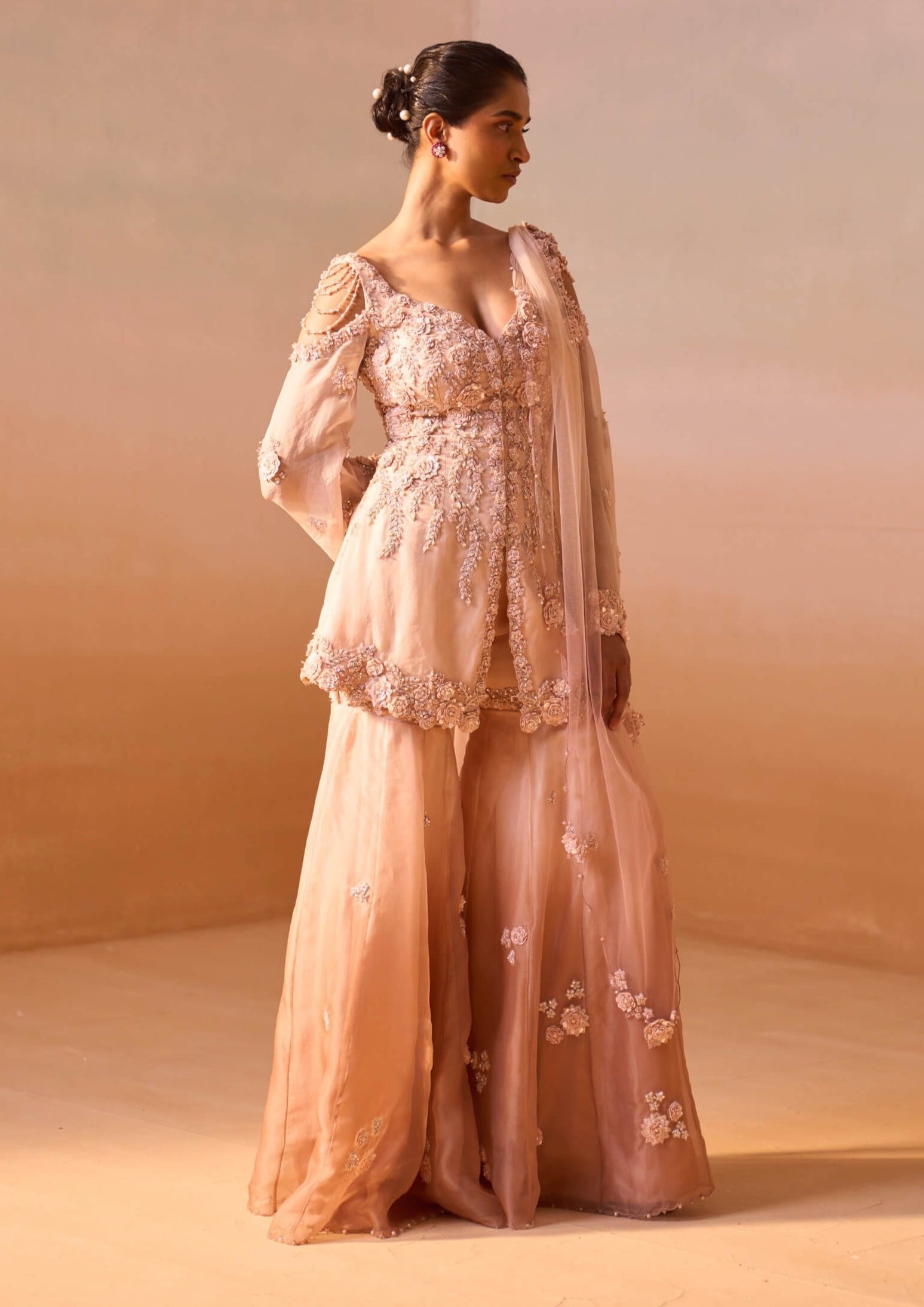 dusty rose peplum dress Long Peplum Formal Dress with Three-Quarter Sleeves Navy / 16
