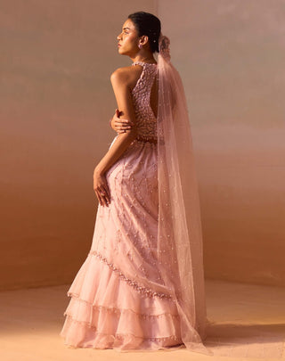 Soft Pink Organza Layered Skirt Set by Nitika Gujral, available on Indiaspopup.com