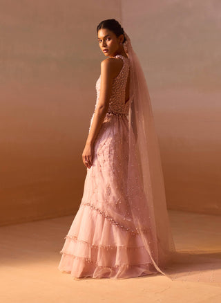 Soft Pink Organza Layered Skirt Set by Nitika Gujral, available on Indiaspopup.com