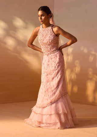 Soft pink organza layered skirt set