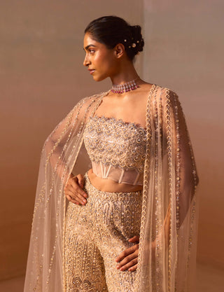 Nude embroidered palazzo and cape set