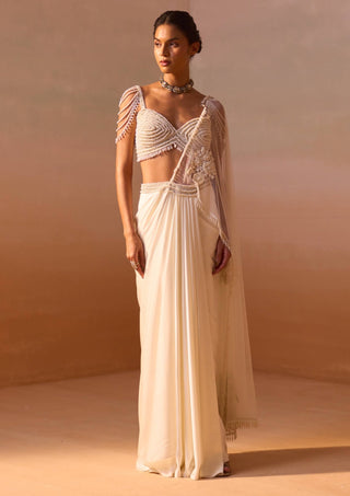 Ivory Pearl Worked Draped Sari And Blouse by Nitika Gujral, available on Indiaspopup.com