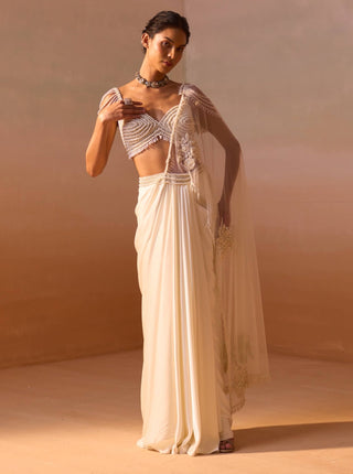 Ivory Pearl Worked Draped Sari And Blouse by Nitika Gujral, available on Indiaspopup.com