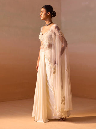 Ivory pearl worked draped sari and blouse