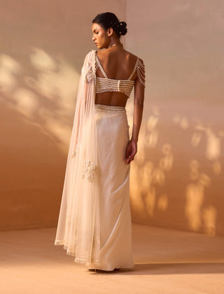 Ivory pearl worked draped sari and blouse